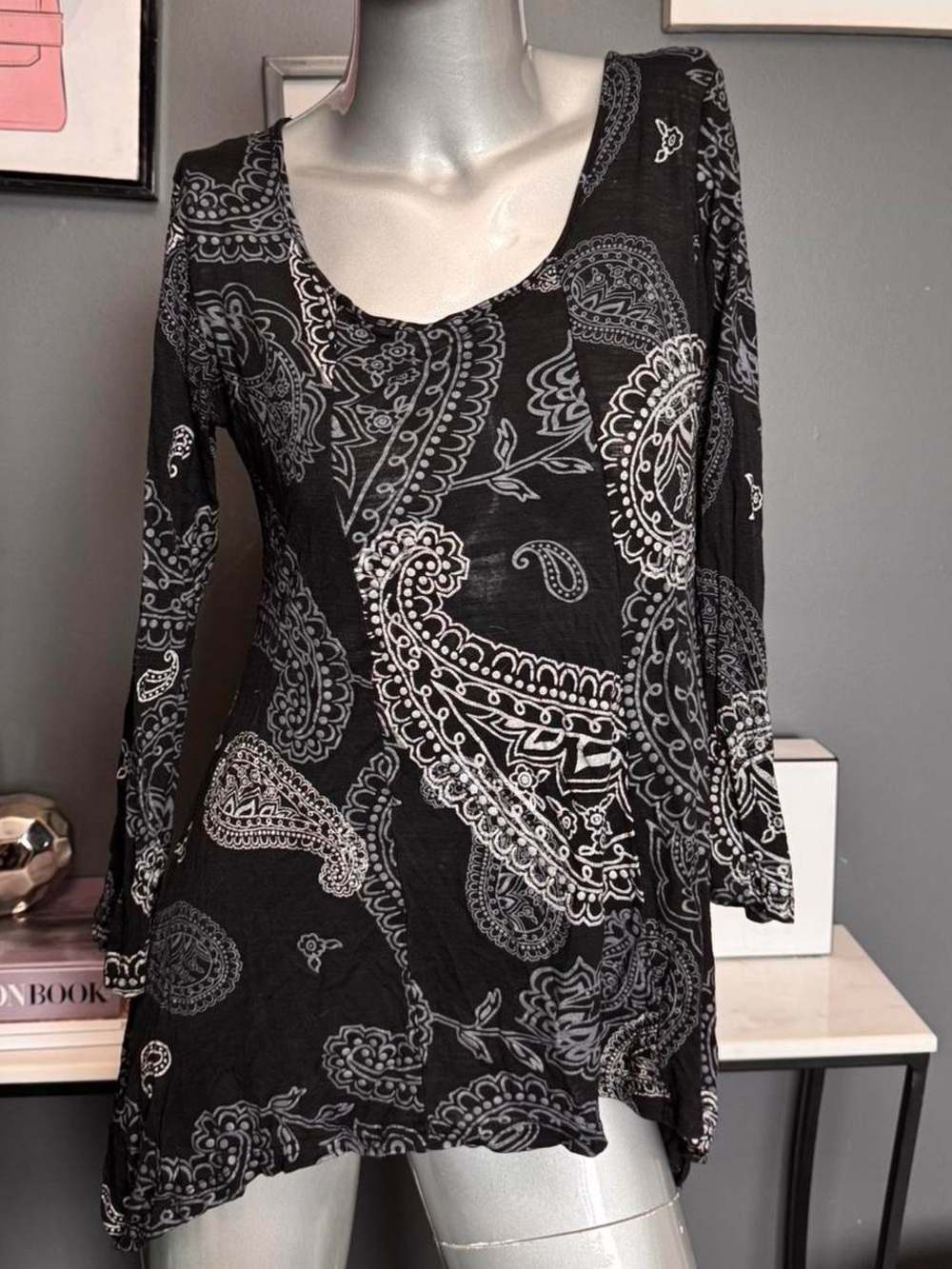 Papillon fairy black paisley asymmetrical long sleeve top with bell sleeves